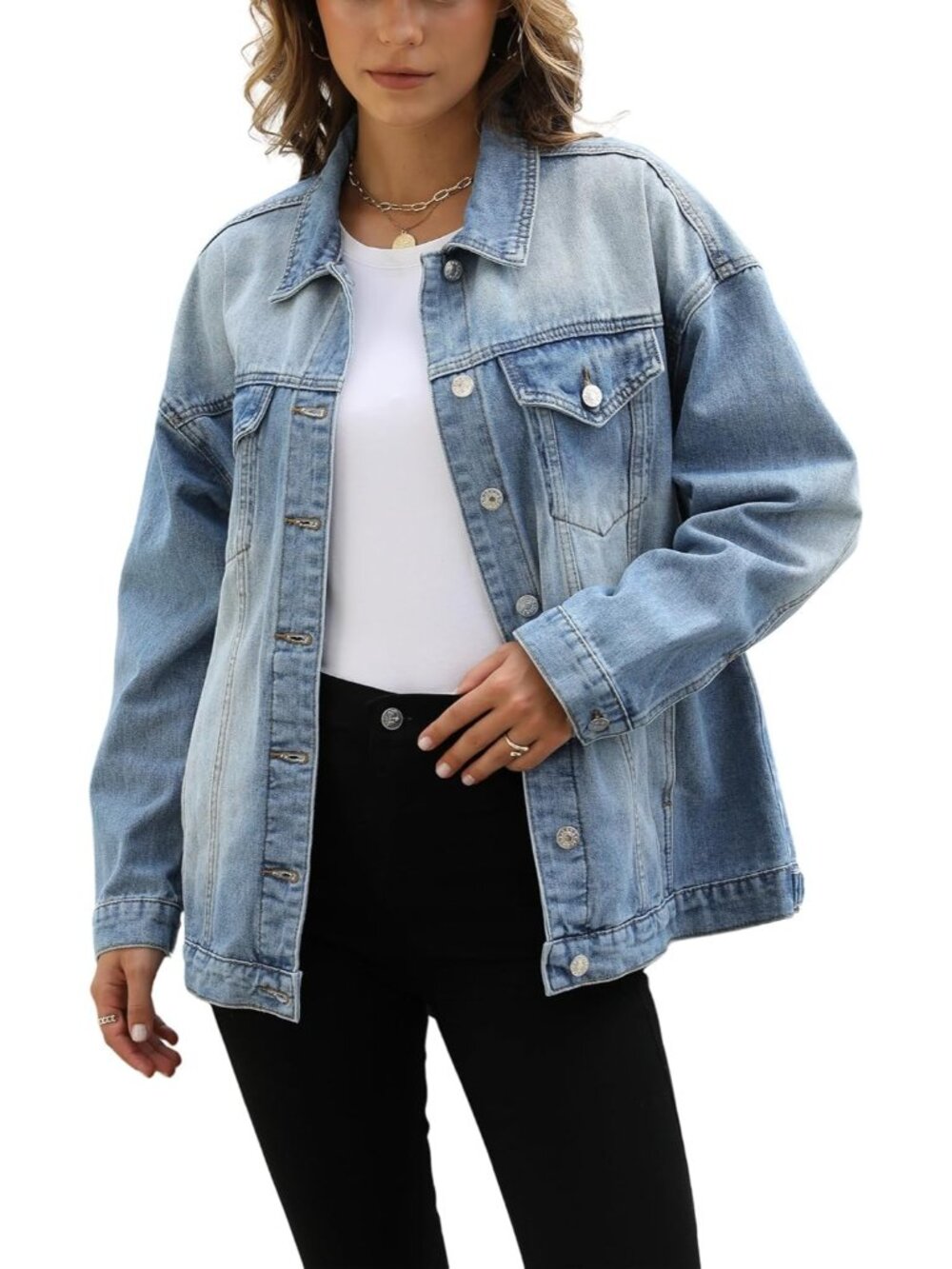 ใฝ๏ธ Womenโs Sky Blue Button Down Oversized Long Casual Coat Denim Jeans Jacket